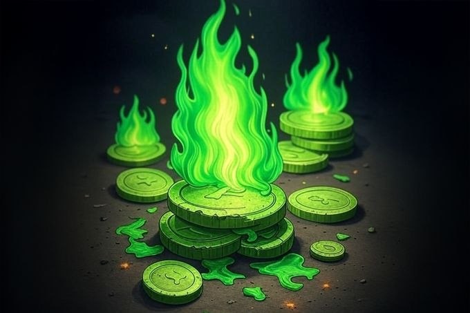Burning green coin stacks